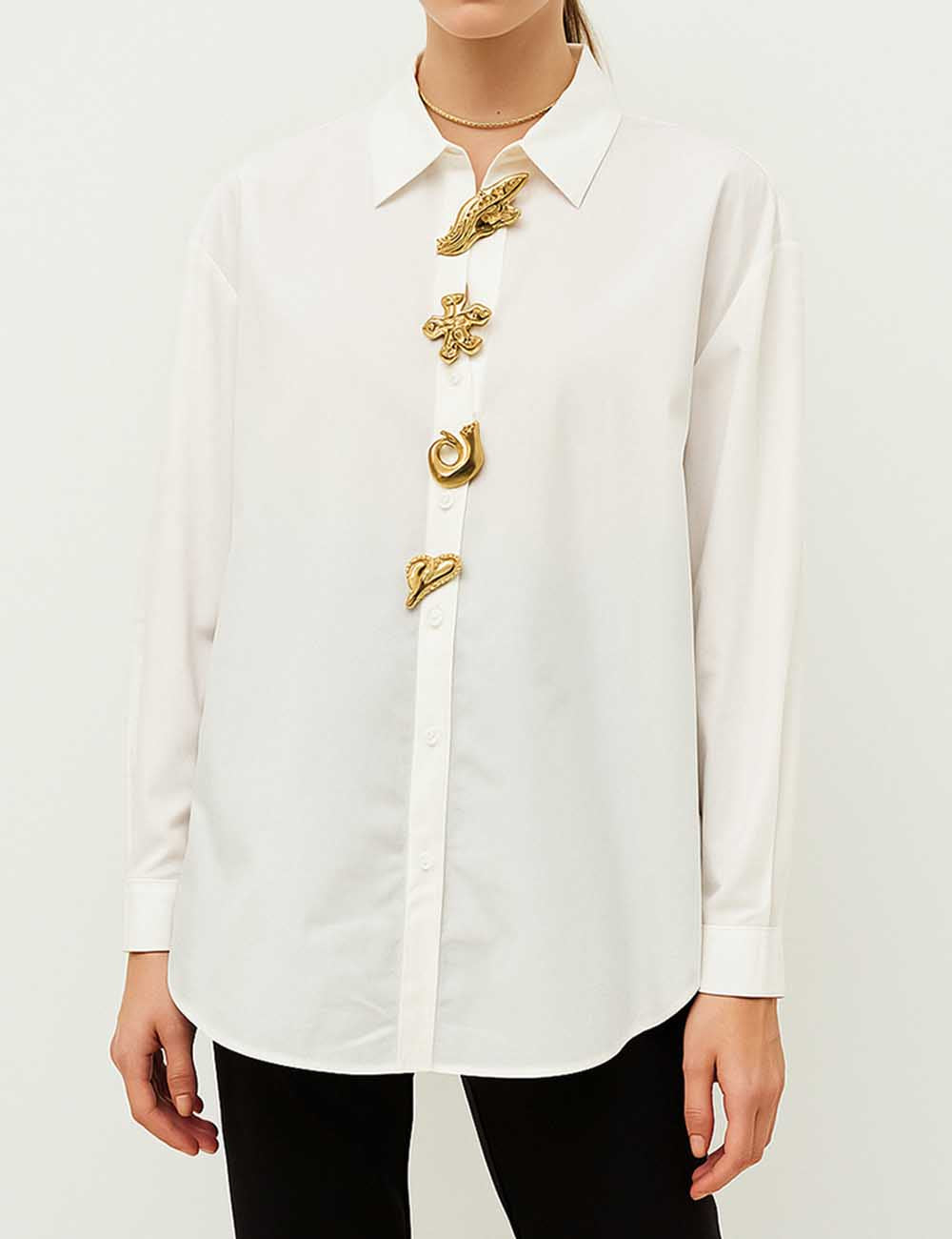 Ladies White Shirt Gold Button Turndown Collar Shirt