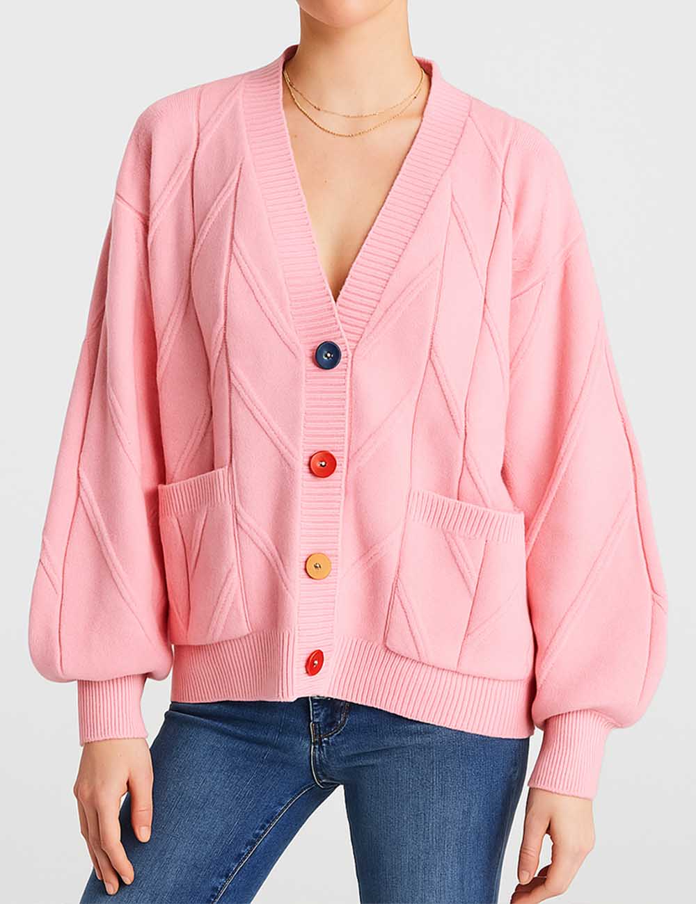 Ladies Cable Knit V-Neck Button Closure Sweater Cardigan