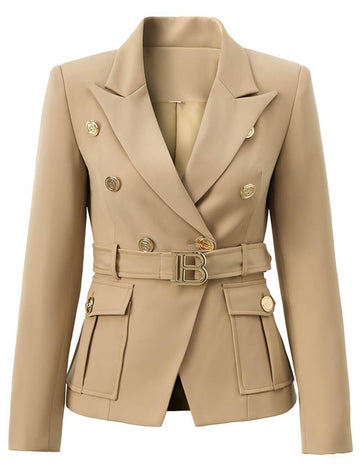 Ladies Solid Color Double Breasted Belted Blazer 2802