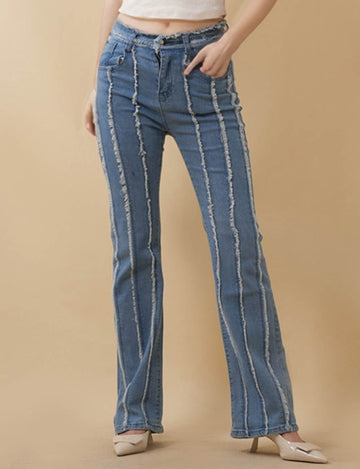 Ladies Raw-Edge Button Pocket Flare Leg Denim Pants