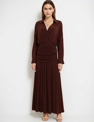 Ladies Shirt Collar Crossover V-Neck Wrinkle Maxi Dress