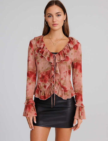 SKTKX32 Women Long Sleeve Ruffled Collar Flower Print Cardigan