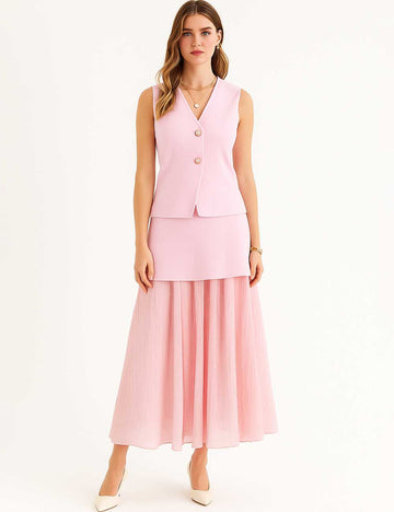 Ladies Solid Color V-Neck Sleeveless Knit Top & Skirt Set