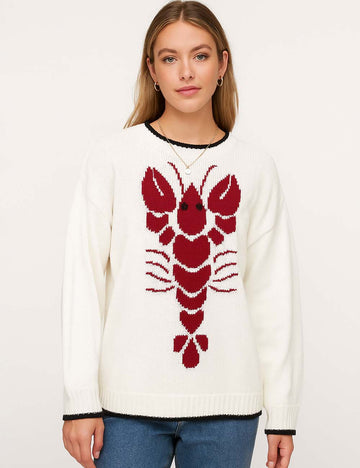 Ladies Round Neck Lobster Pattern Pullover Knit Sweater