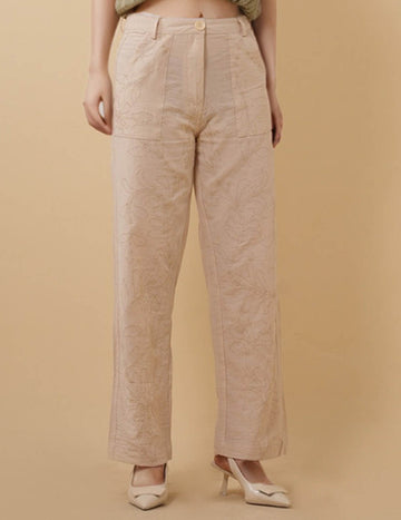 Ladies Floral Embroideries Straight Leg Pockets Pants SKP50460