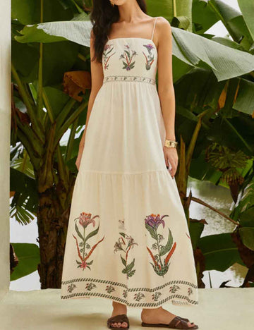 Ladies Floral Print Tiered Backless Maxi Dress
