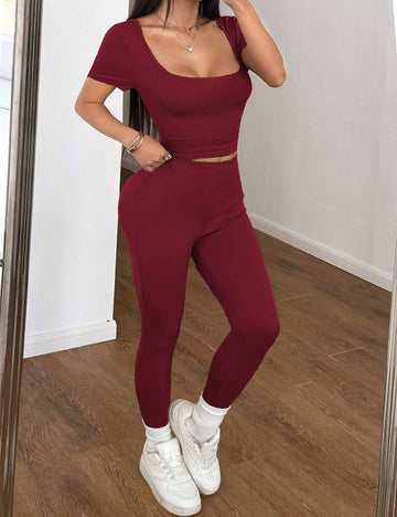 Ladies Solid Color Square Neck Short Sleeves Top & Pants Set