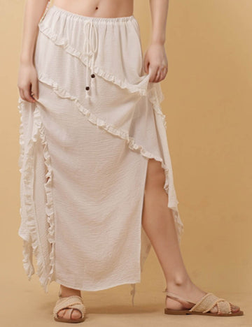 Ladies Solid Color String Tie Irregular Ruffle Midi Skirt 8SKS51151