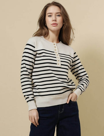 Ladies Round Neck Long Sleeves Striped Knit Blouse SKT50153