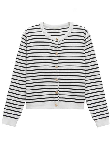 Ladies Color Block Striped Long Sleeves Knitted Cardigan