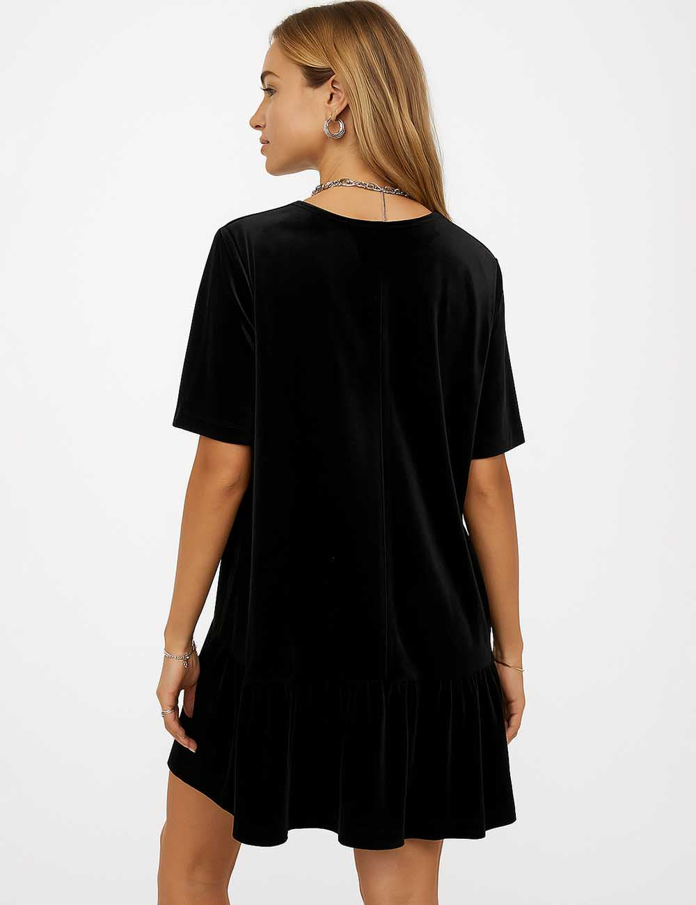 Ladies Velvet Zip Open Ruffled Short Sleeves Mini Dress