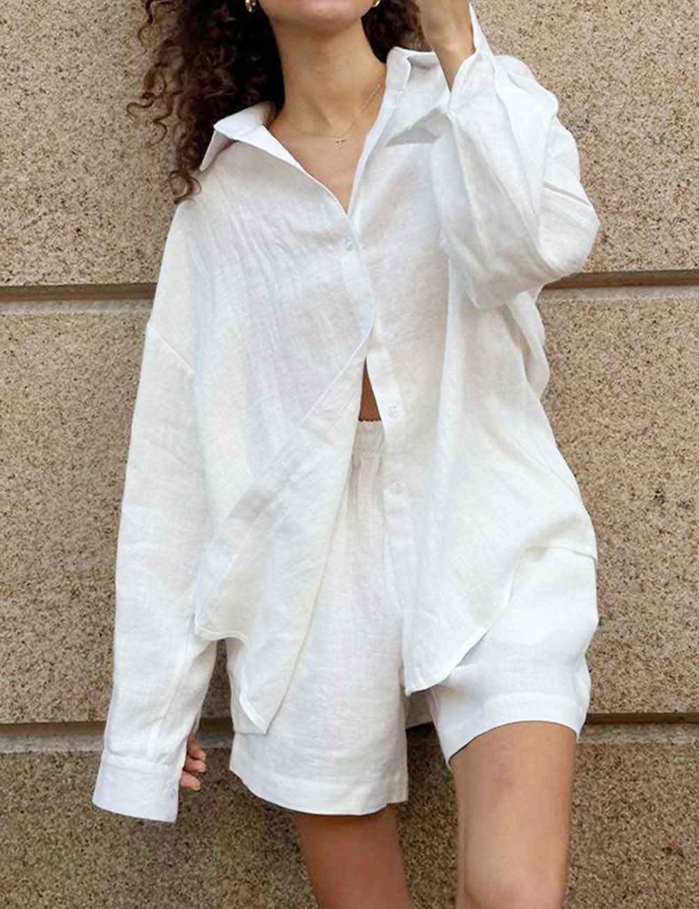 Ladies Solid Color Button Down Long Sleeves Shirt & Shorts Set