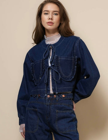 Ladies Long Sleeves String Tie Denim Jacket SKT50046