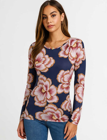 Ladies Contrast Floral Print Round Neck Long Sleeves Top