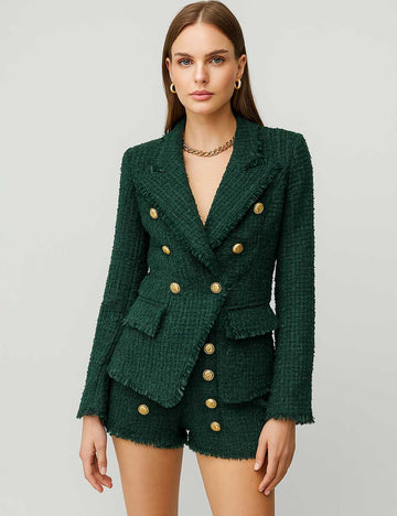 Ladies Solid Color Tassels Double Breast Tweed Blazer