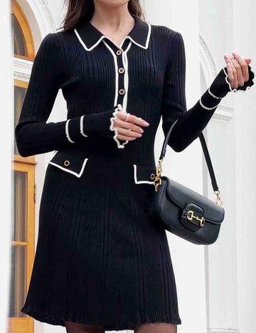 Ladies Turndown Collar Bell Long Sleeves Knit Mini Dress