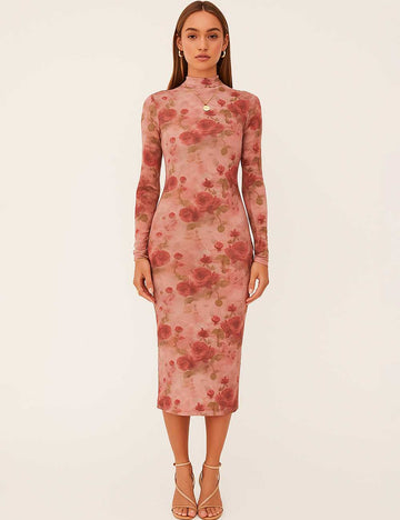Women Floral Print Turtleneck Bodycon Maxi Dress