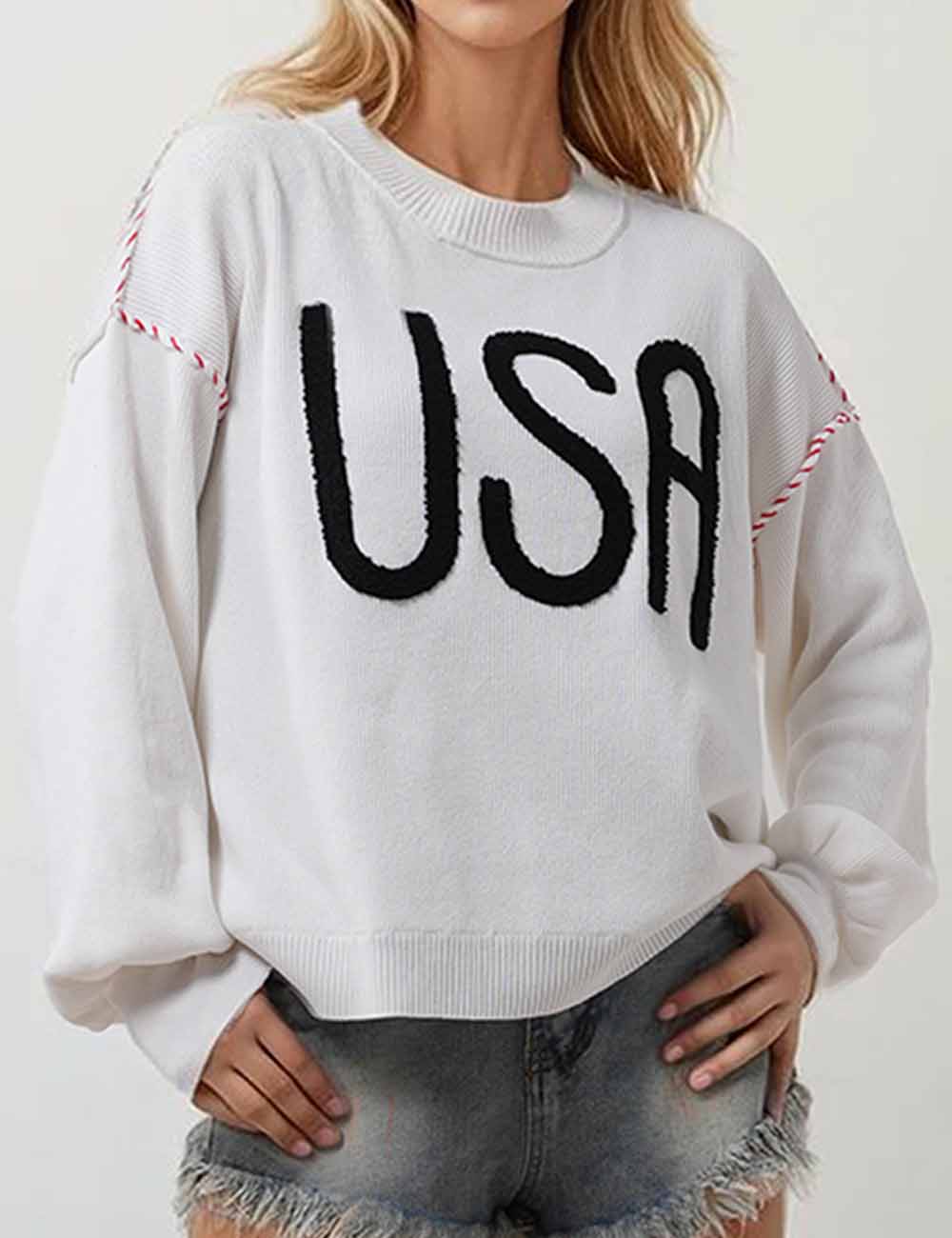 Ladies USA Rope Lettering Pullover Long Sleeves Knit Sweater