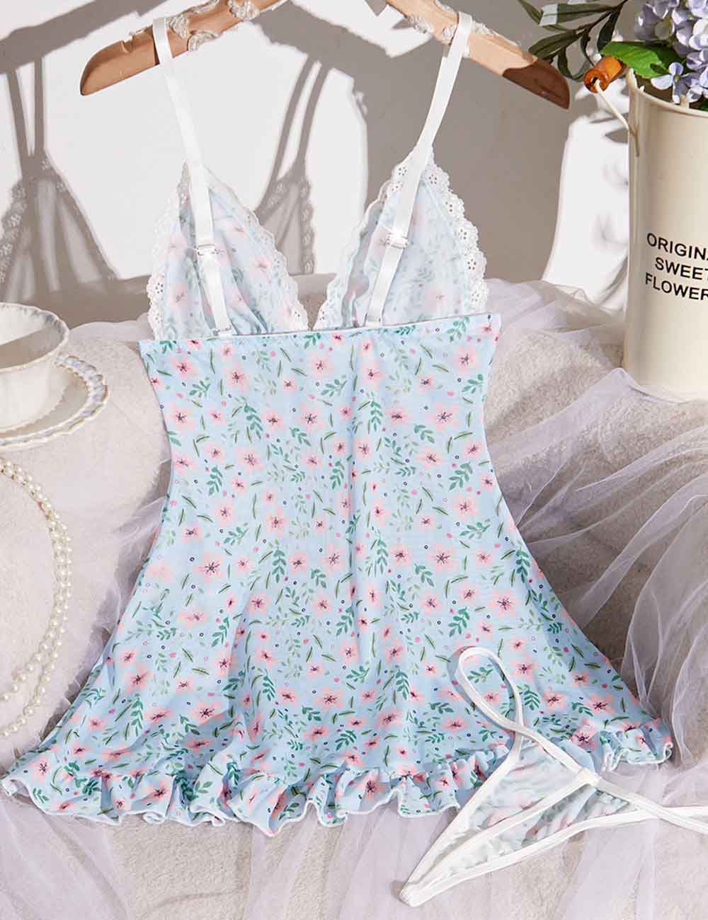 Ladies Floral V-Neck String Shoulder Sleeveless Ruffle Chemise Set