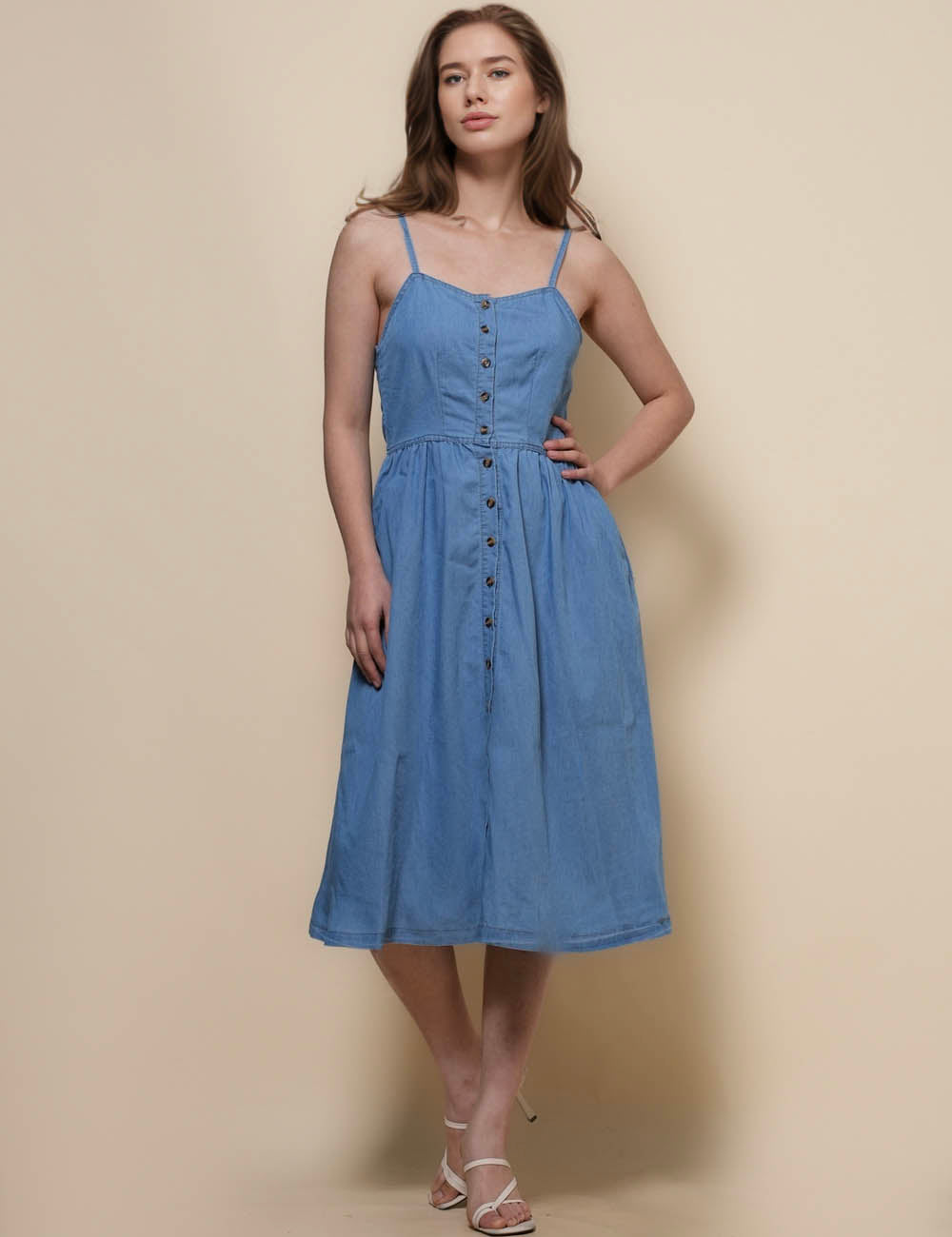 Ladies String Shoulder Denim Midi Dress SKD50012