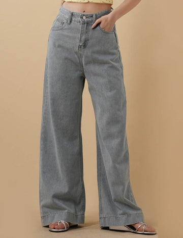 Ladies Basic Button Pocket Wide Leg Jeans 8SKP5M74