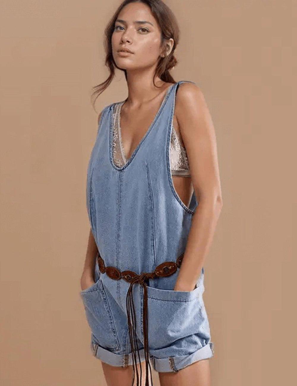 Denim Adjustable Shoulder High Roller Romper SKJ353