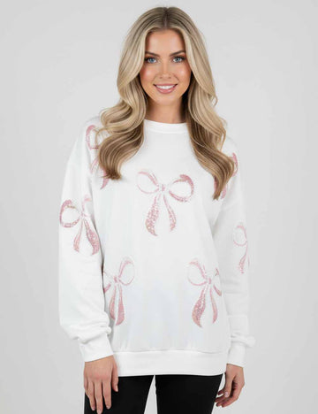 Ladies Round Neck Long Sleeves Sweatshirt Holiday Sequin Bow Top