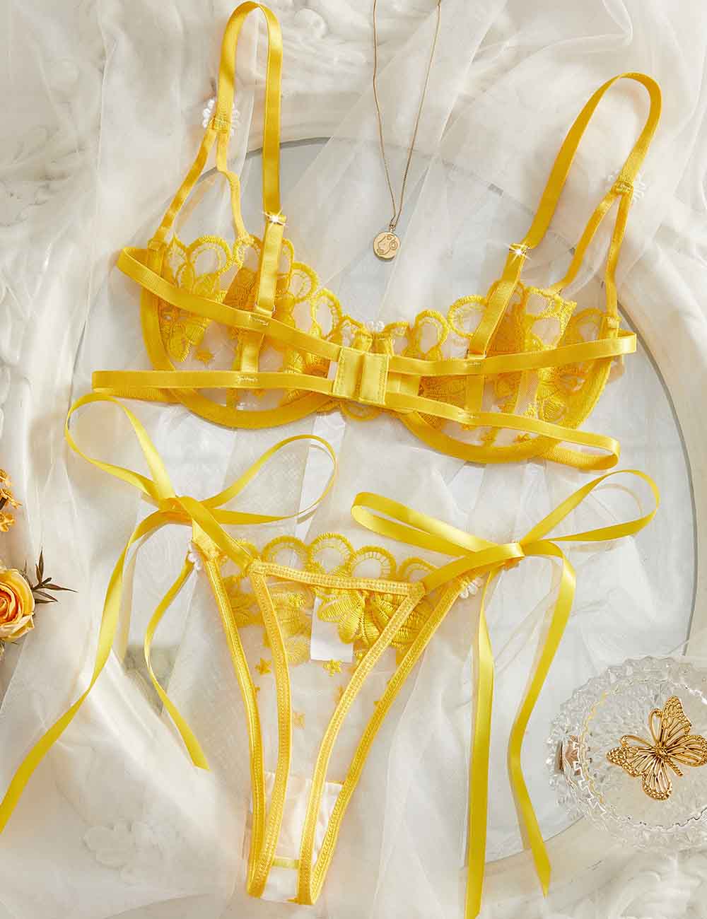 Ladies Sexy Sheer Floral Embroidery Bow Tie Lingerie Set