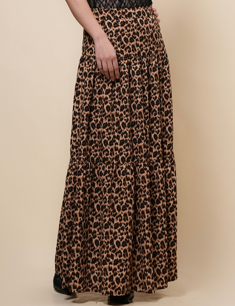 Ladies Leopard Print Elastic Waist Midi Skirt SKS4967