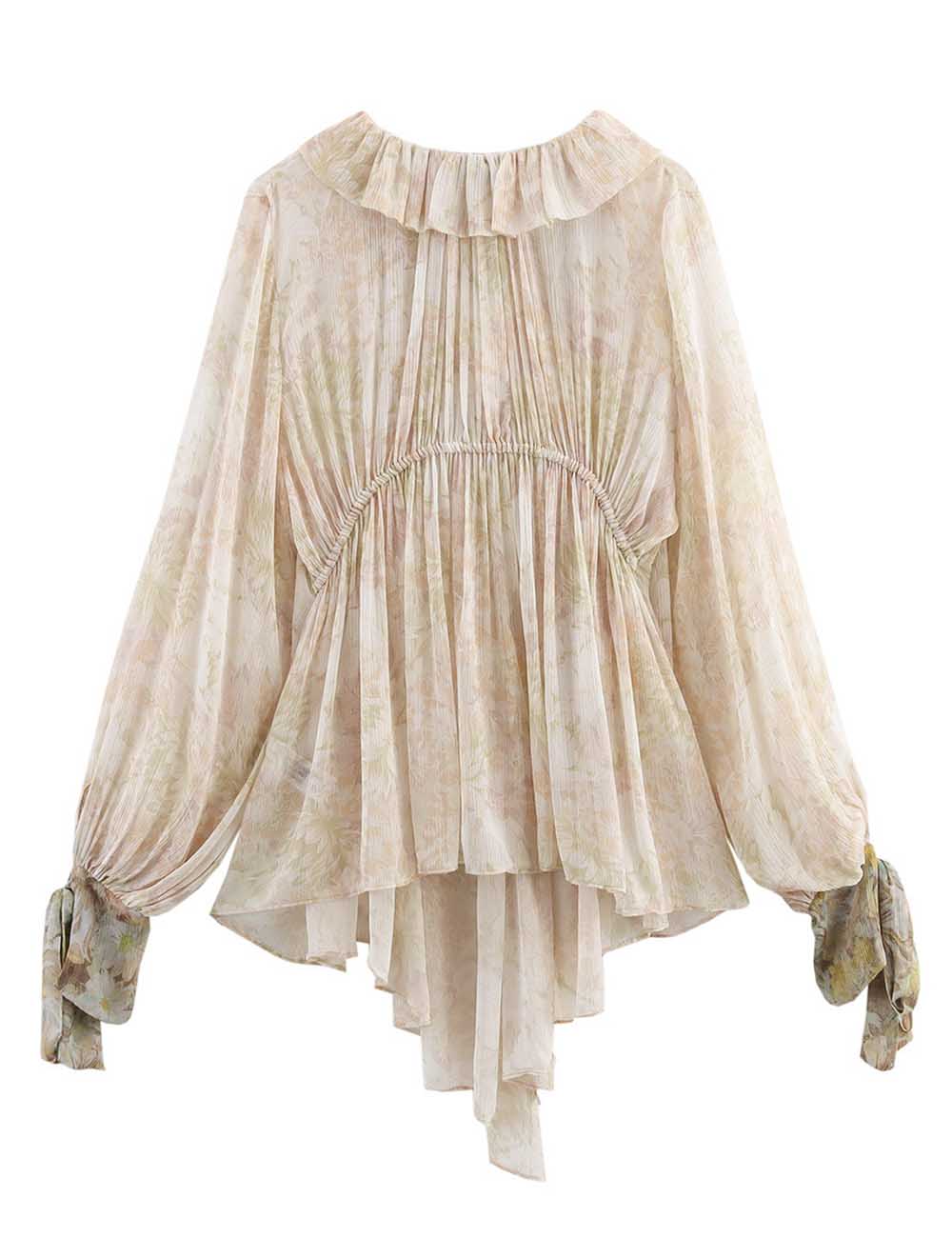 Ladies V-Neck Floral Print Ruffle Long Sleeves Blouse