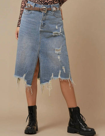 Ladies Front Split High Waist Distressed Denim Midi Skirt SKS6697