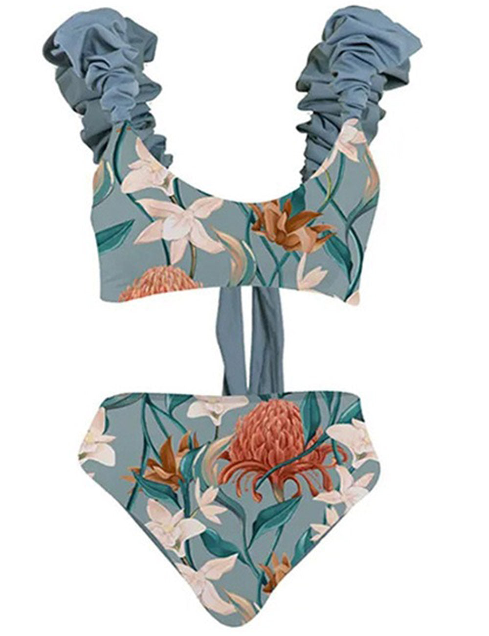 Ladies Floral Print String Tie 2PCS Bikini Set with Salong