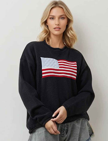 Ladies Round Neck Flag Pattern Long Sleeves Knit Sweater