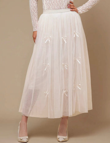 Ladies Gauzy Tiny Bowknot Elastic Waist Midi Skirt SKS50450A