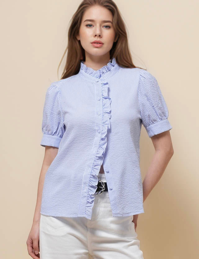 Ladies Ruffle Neck Short Sleeves Striped Shirt SKT51087