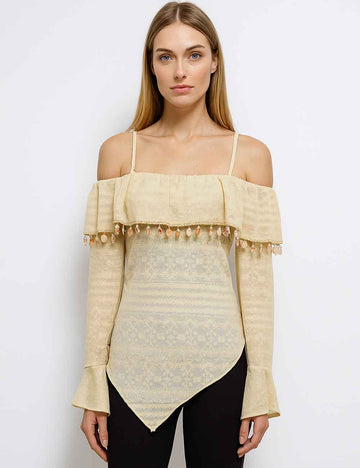Ladies Seashell Ruffle Asymmetrical Off Shoulder Bell Sleeves Top