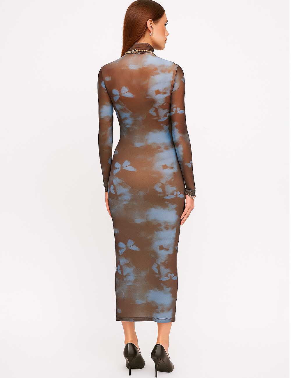 Women Color Block Butterfly Print Turtleneck Bodycon Maxi Dress