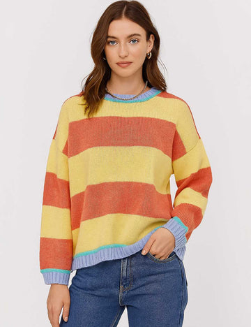 Ladies Colorful Striped Round Neck Long Sleeves Knit Sweater