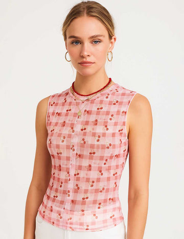 Women Sleeveless Mesh Tank Top Checked See Sheer Top