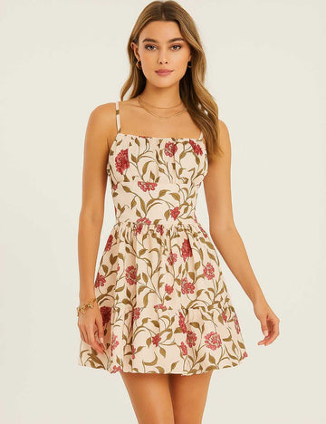 Ladies Floral Print Square Neck String Shoulder Mini Dress