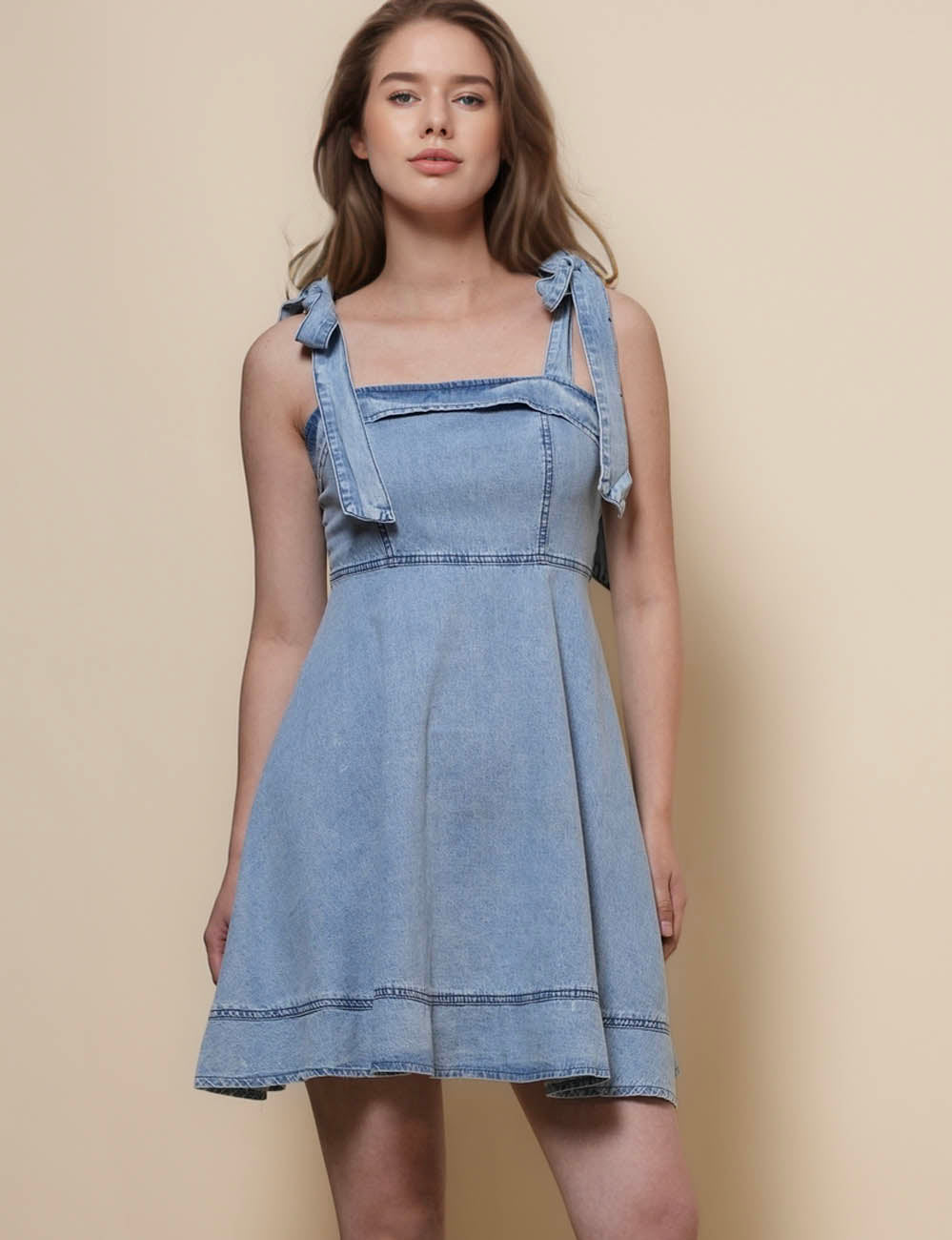 Ladies Shoulder Strape Tie Denim Mini Dress SKD50011