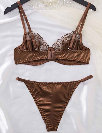 Ladies Satin Floral Embroidery Underwire Lingerie Set