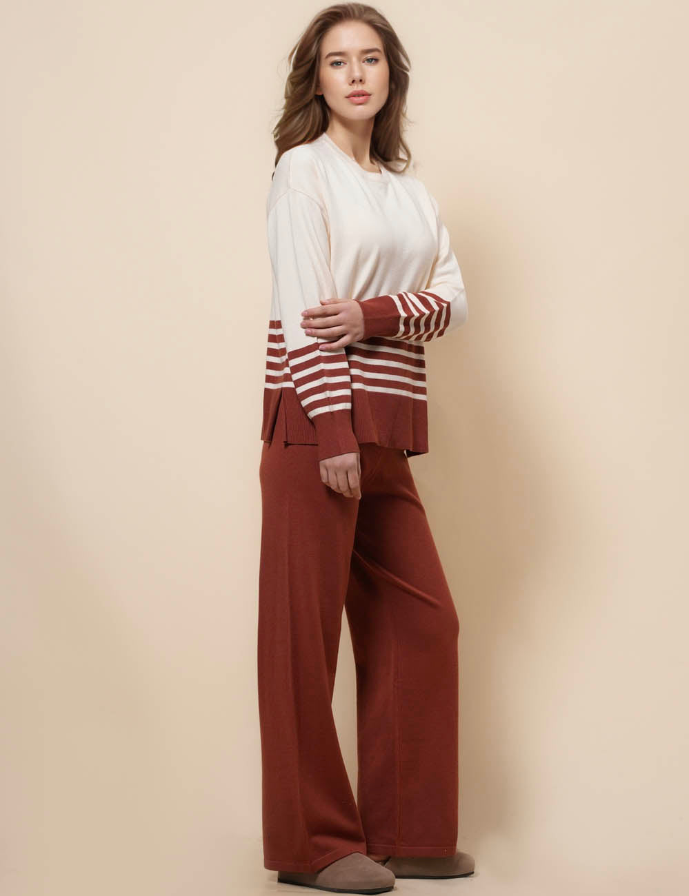 Ladies Stripe Color Block Sweater Pants 2PCS Set SKST41247