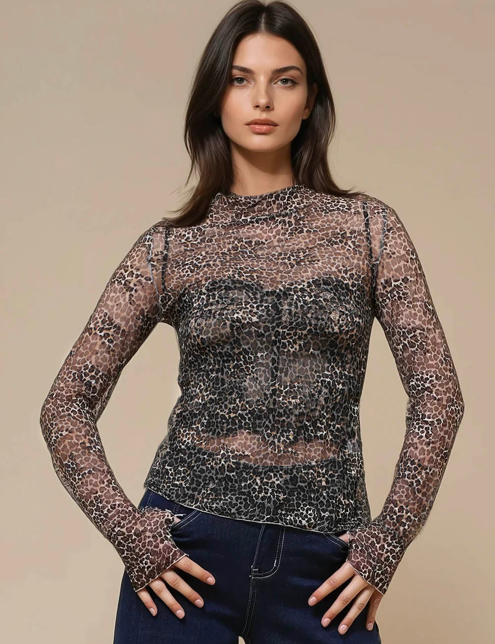 Lux Layering Leopard See Through Lace Mesh Top SKT51137