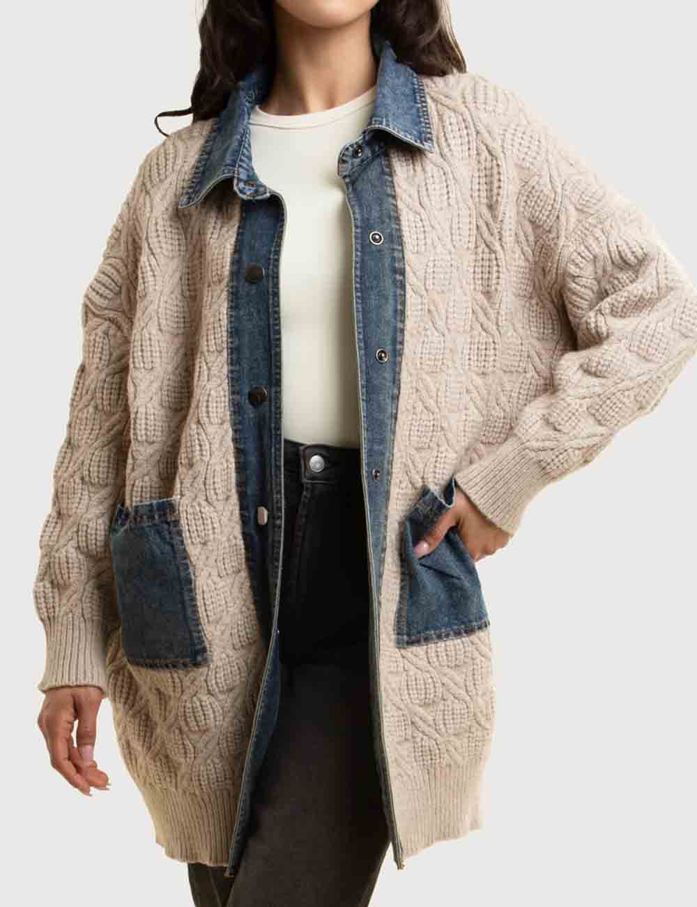 Ladies Denim Collar Button Closure Cable Sweater Jacket