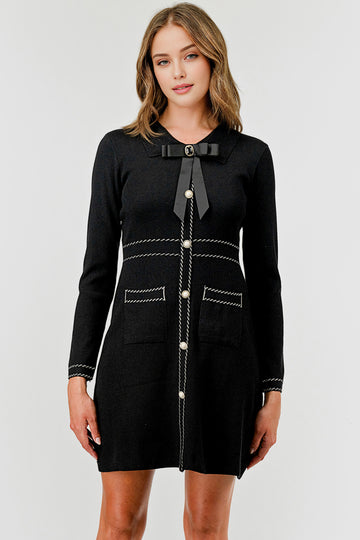 Women Round Neck Bow Tie Detail Sweater Dress