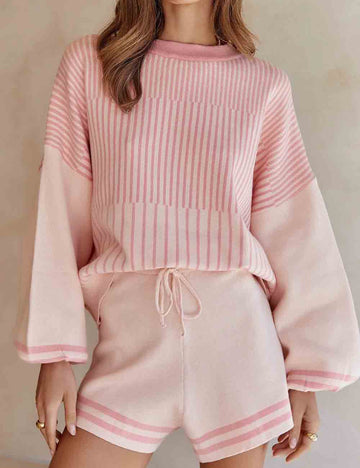 Ladies Color Block Striped Print Knit Top & Shorts Set