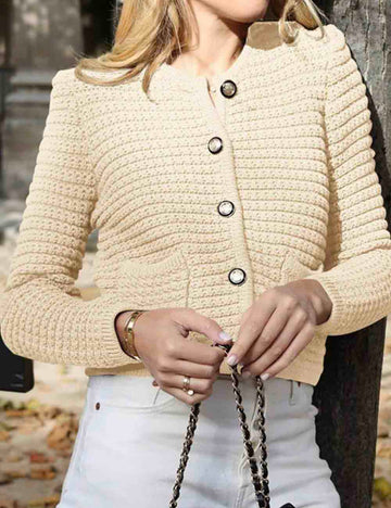 Ladies Crew Neck Crochet Button Cropped Knit Cardigan