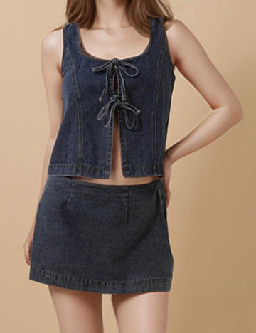 Ladies Sleeveless String Tie Denim Top & Skorts Set 8SKST5M85