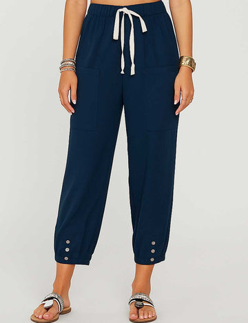 Ladies Elastic Waist Drawstring Pocket Cropped Tapered Pants